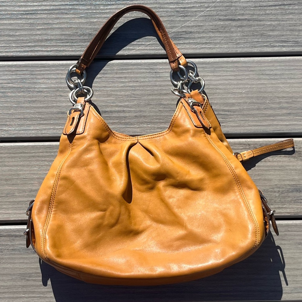 Coach; Golden Brown Leather Hobo Bag; 3 Section; Burgundy Interior; Duel Handles - Picture 16 of 16